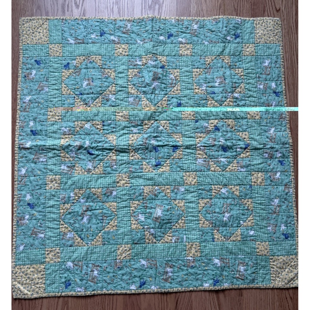 Vintage Baa Baa Black Sheep Baby Quilt Blanket‎ Green Yellow Plaid Nursery 39x39